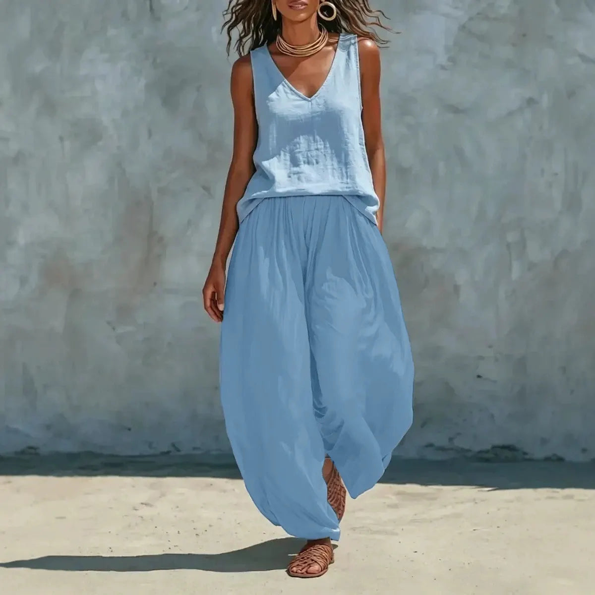 V Neck Sleeveless Vest & Elastic Waist Wide Leg Long Pants