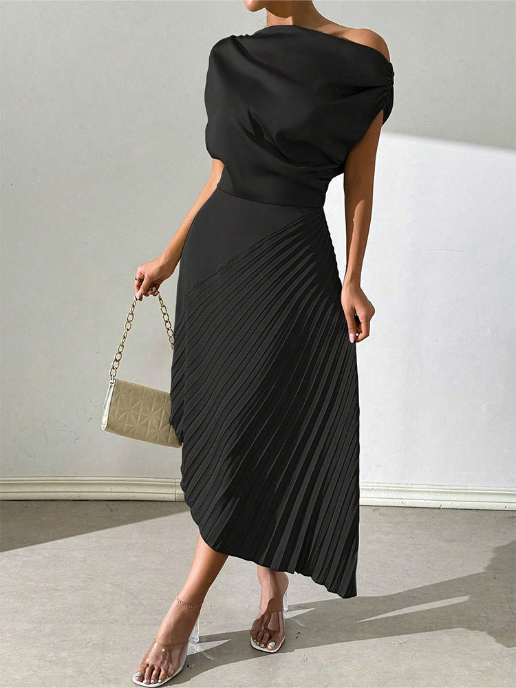 Asymmetric Satin Pleated Midi Dress