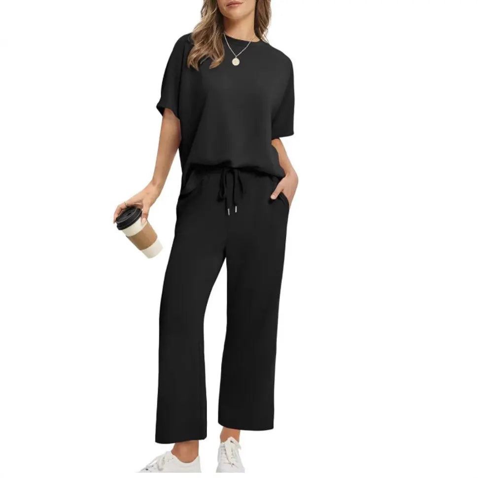 Solid Crew Neck Short Sleeve Top & Elastic Waist Wide Leg Pants