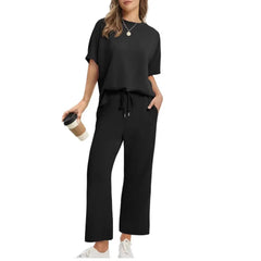 Solid Crew Neck Short Sleeve Top & Elastic Waist Wide Leg Pants