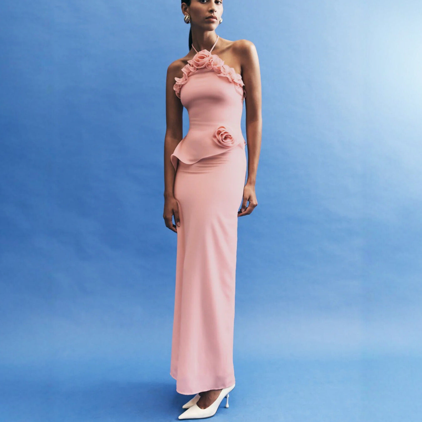 Pink 3D Floral Halter Neck Maxi Dress