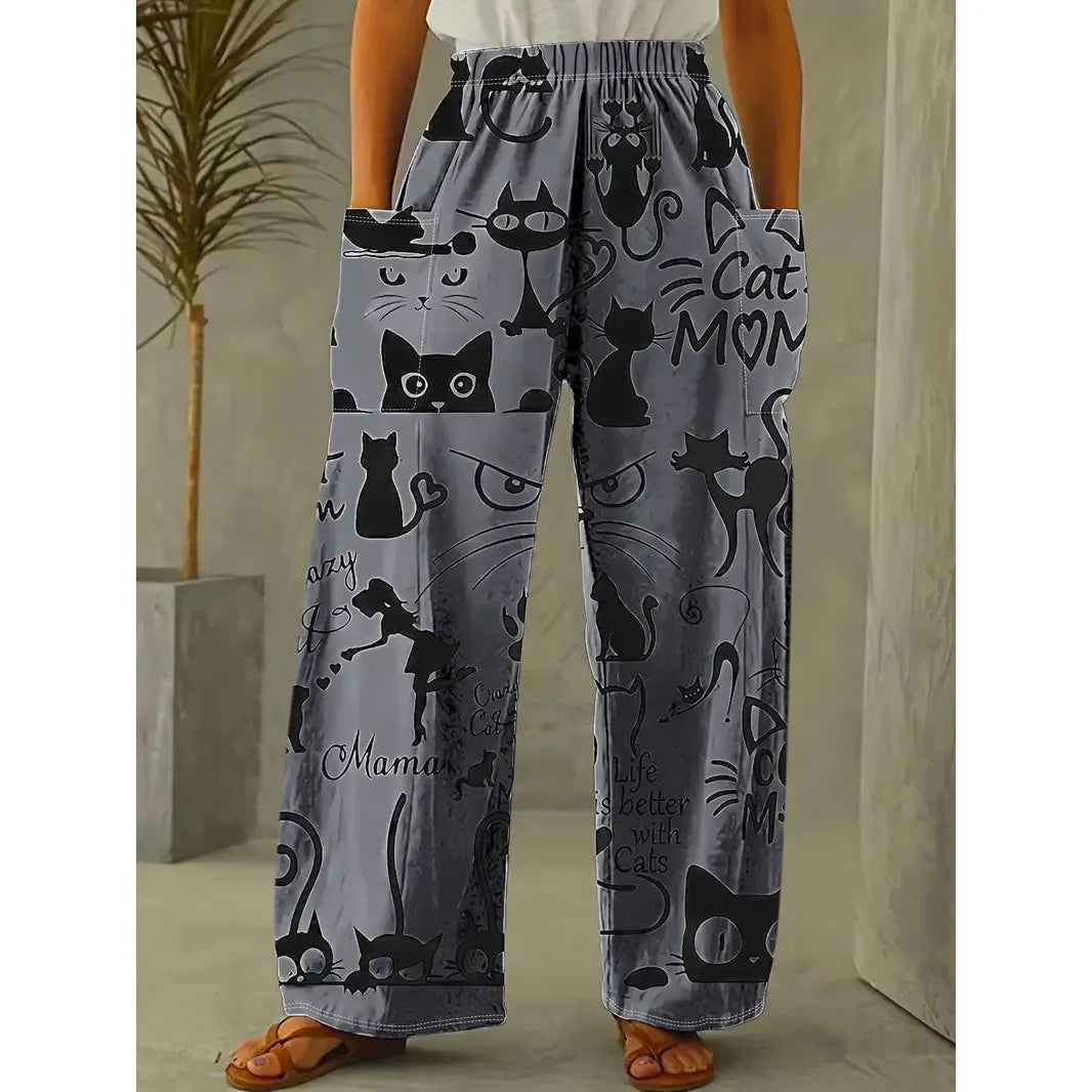 Printed Flare Work Pants | Mid Waist Doodle Heart Print Loose Wide Leg Casual Trousers
