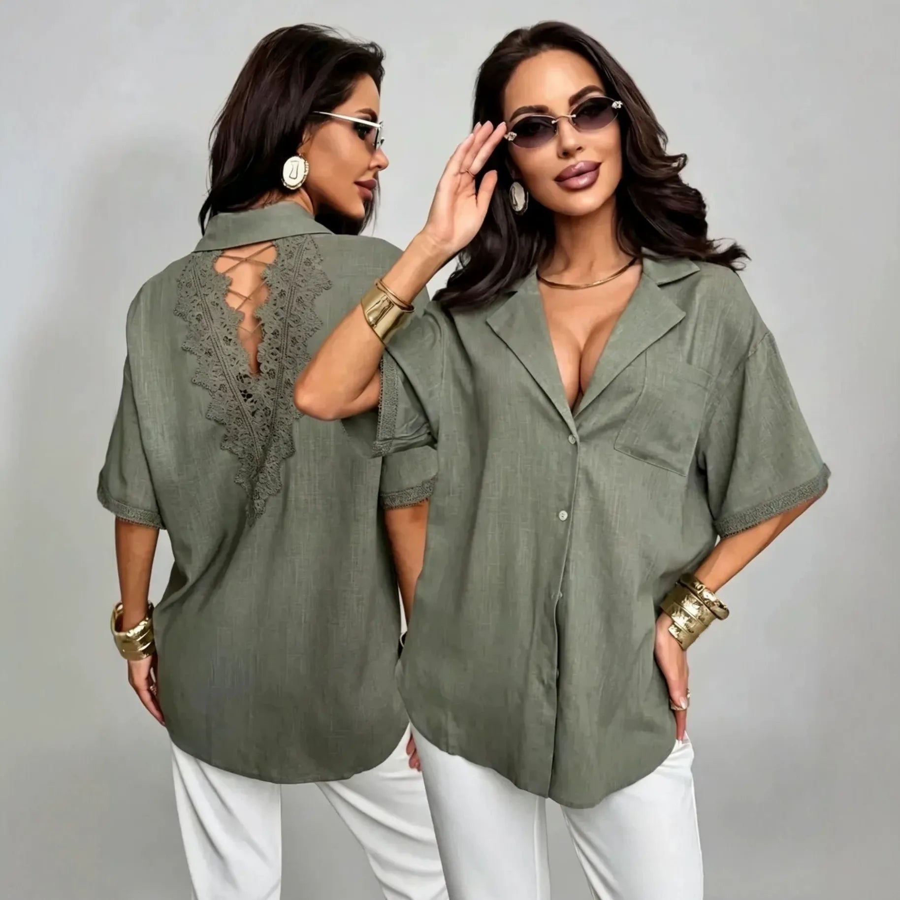 Solid Lapel Short Sleeve Back Hollow Lace Cutout Button Down Shirt