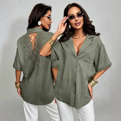 Solid Lapel Short Sleeve Back Hollow Lace Cutout Button Down Shirt