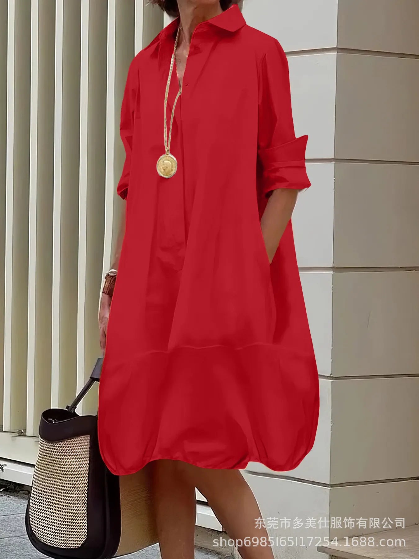 Solid Color Button Front Pocket Shirt Midi Dress