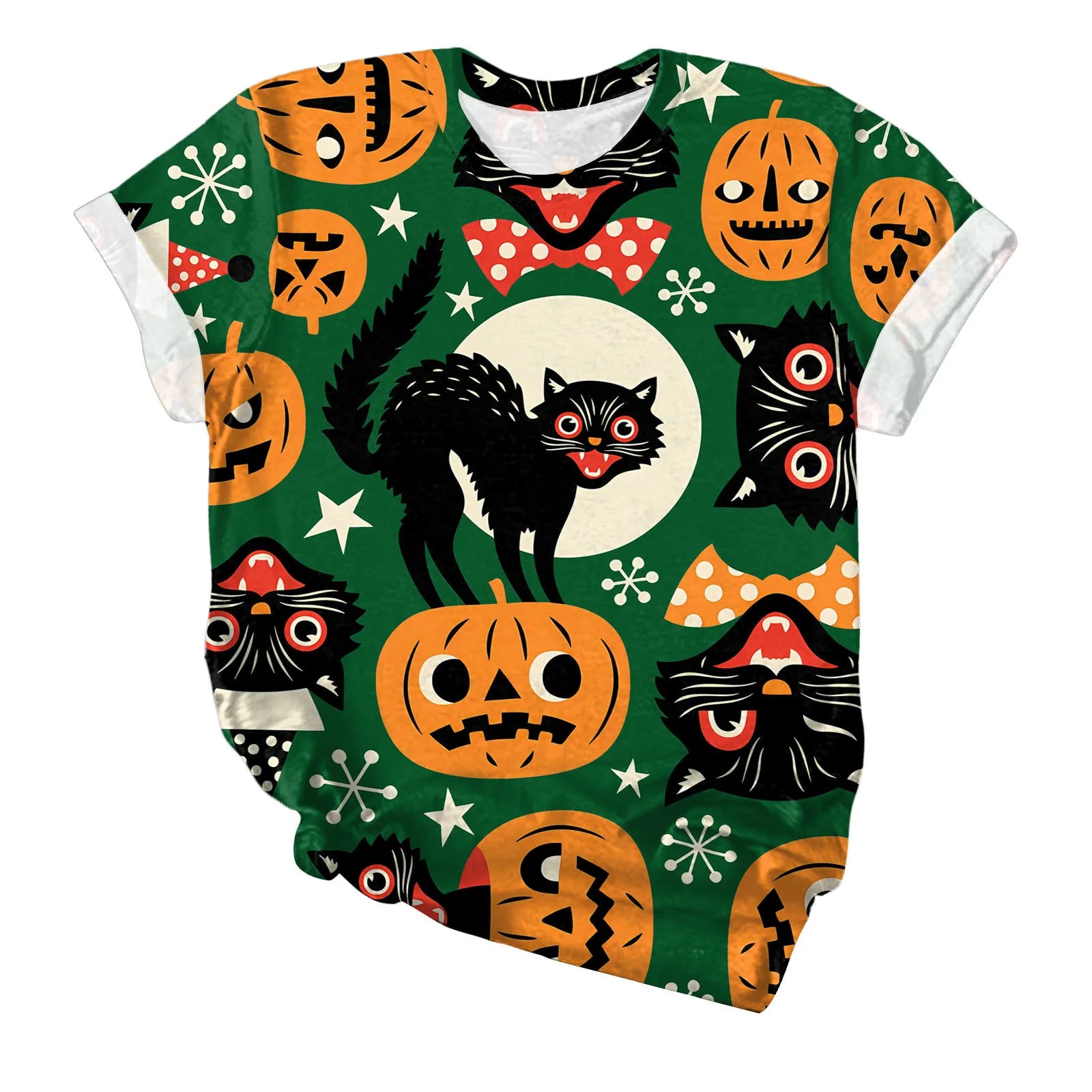 Halloween Black Cat Pumpkin Print Crew Neck Short Sleeve T‑Shirt