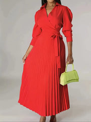 Wrap Front Pleated Midi Dress with Puff Sleeves