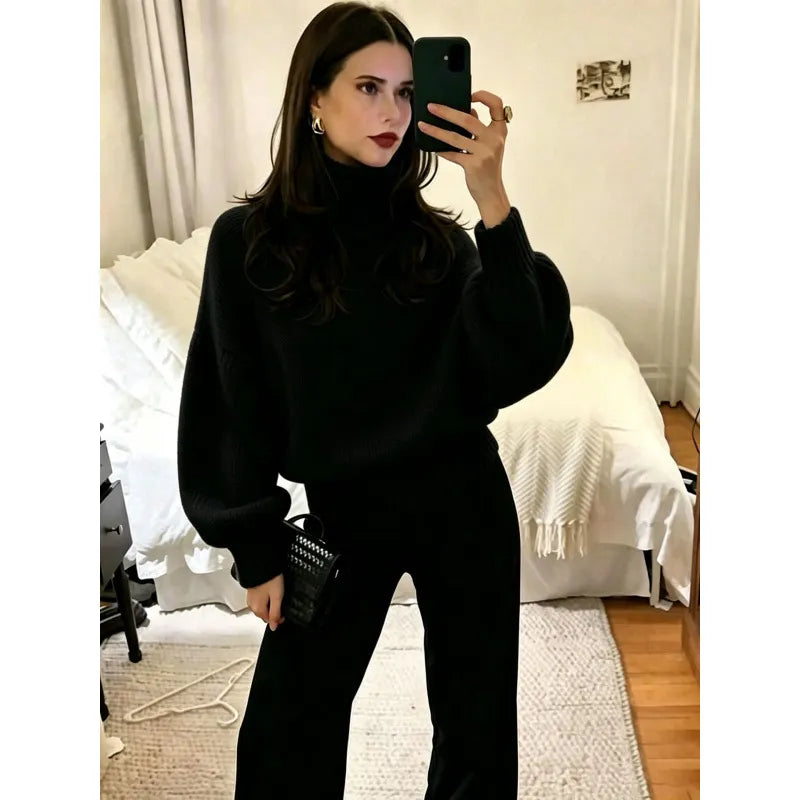 Oversized Chunky Knit Turtleneck Jumper Ladies Drop Shoulder Puff Sleeve Sweater, Long Sleeve / 5 Point Sleeve