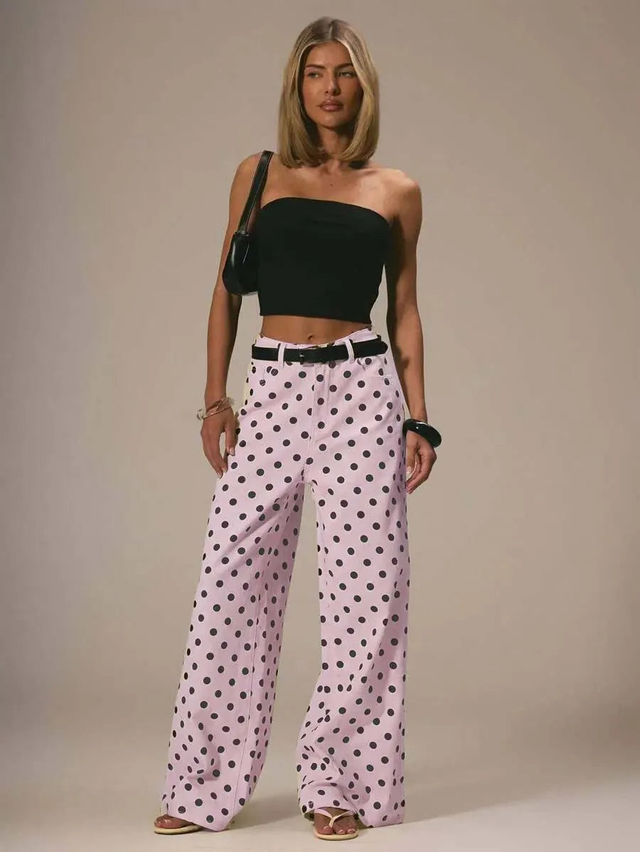 Polka Dot High Waist Straight Wide Leg Pants
