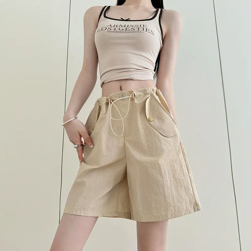 High Waist Drawstring Micro-Stretch Loose Straight Five-Point Shorts