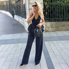 Polka Dot Halter Neck Tie Front Peplum Top and Wide Leg Pants 2 Piece Set