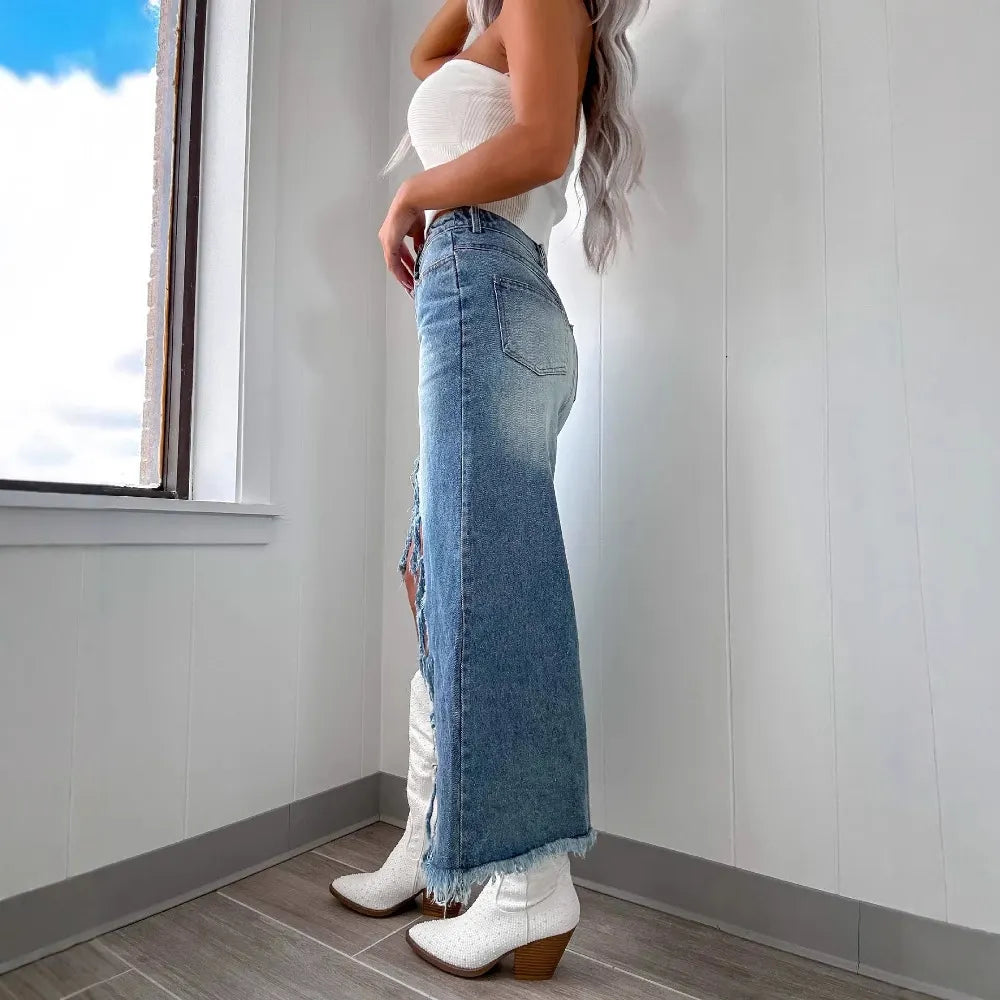 High Waist Gradient Denim Midi Skirt
