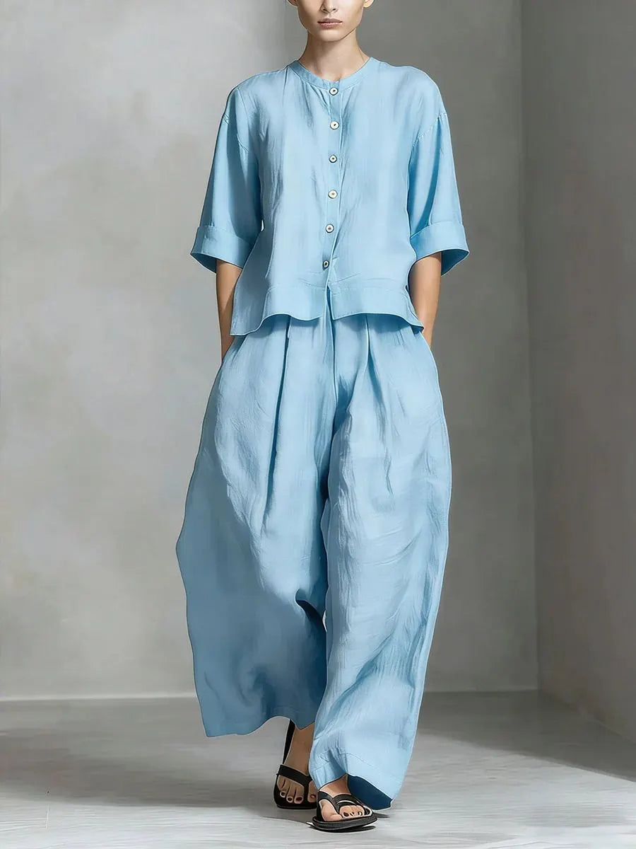 Linen Blend Two-Piece Set, Button-Down Top and Wide Leg Pants