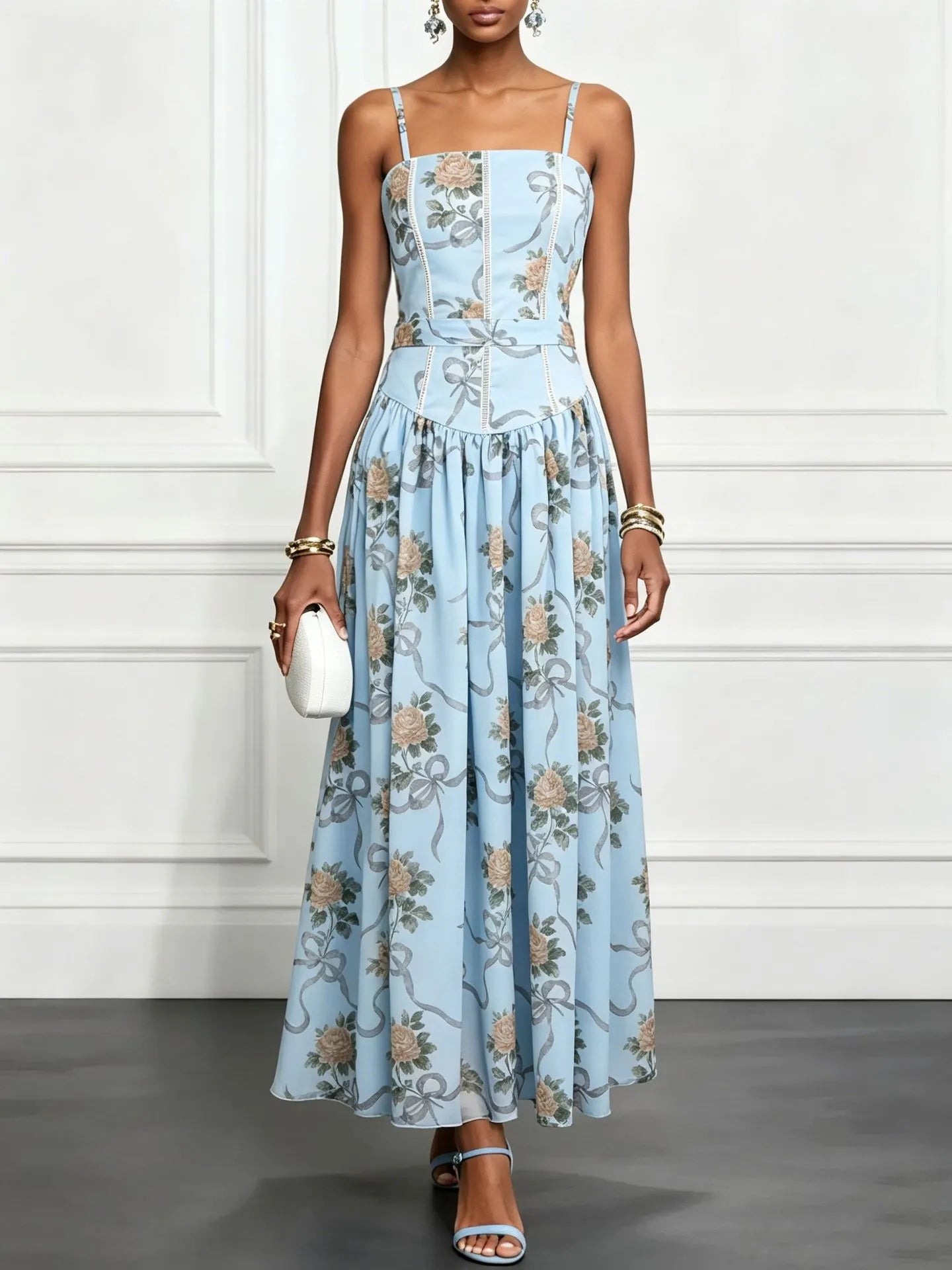 Floral Print Adjustable Spaghetti Strap Mid Waist Slim A-Line Maxi Dress