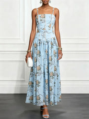 Floral Print Adjustable Spaghetti Strap Mid Waist Slim A-Line Maxi Dress