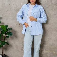 Vertical Stripe Lapel Button Down Loose Cotton Long Sleeve Shirt