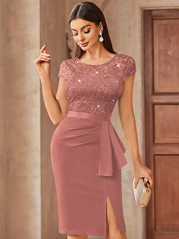 Burgundy Lace & Sequin Bodycon Evening Dress