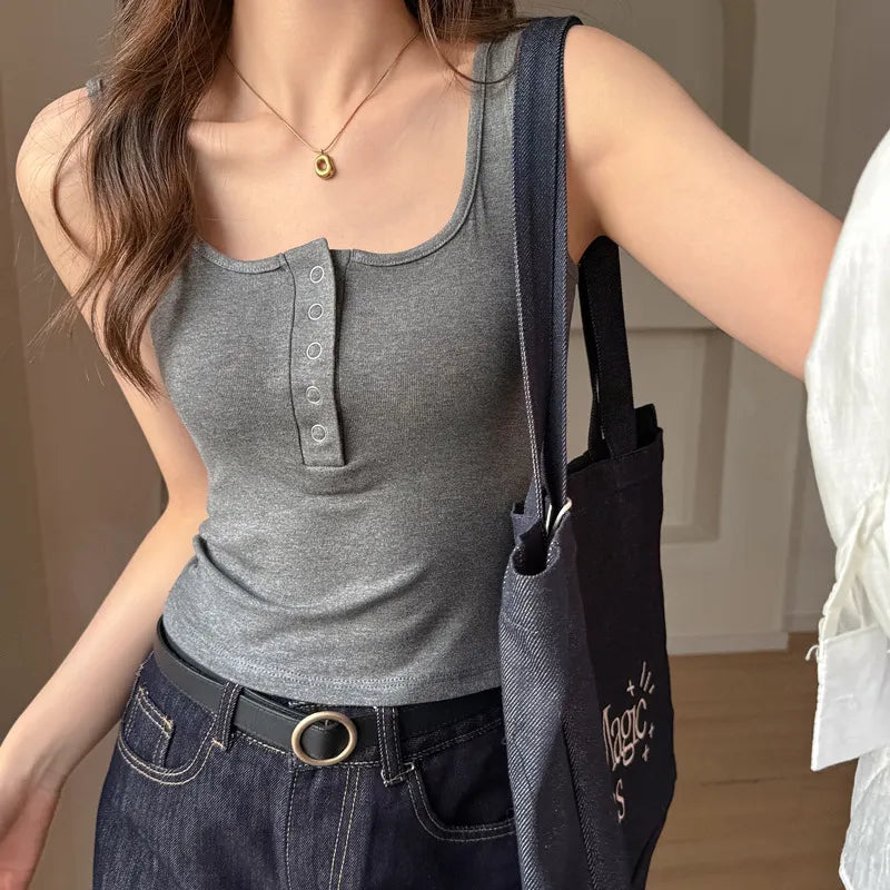 Square Neck Half Button Front Ribbed Fitted Tank Top