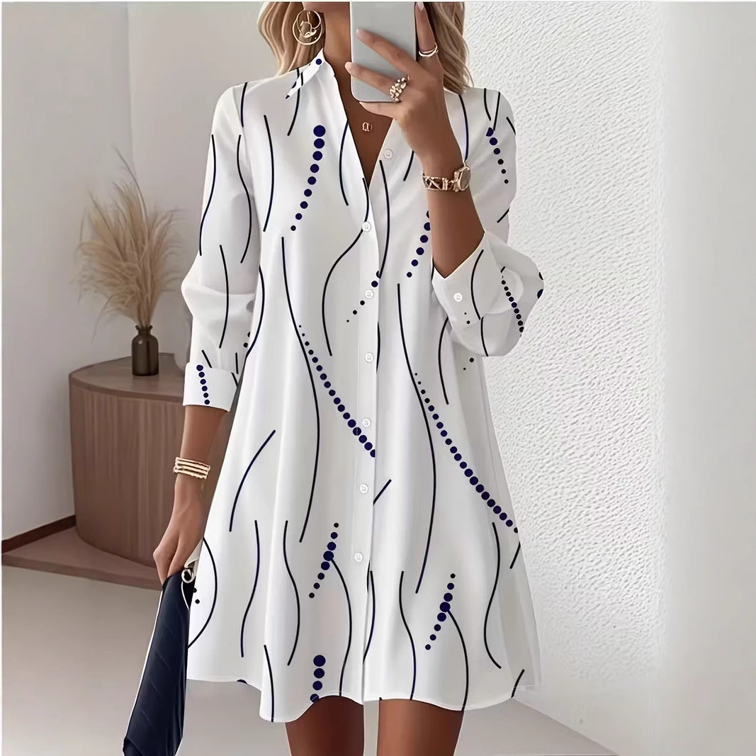 Strip Dot Line Print Lapel Long Sleeve Shirt Mini Dress