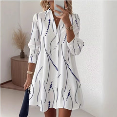Strip Dot Line Print Lapel Long Sleeve Shirt Mini Dress