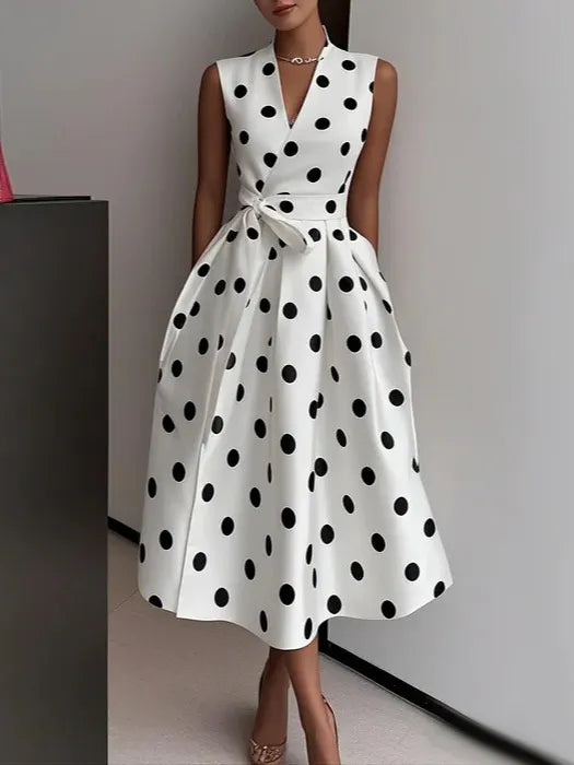 Polka Dot V Neck Sleeveless Wrap Tie High Waist A-Line Midi Dress