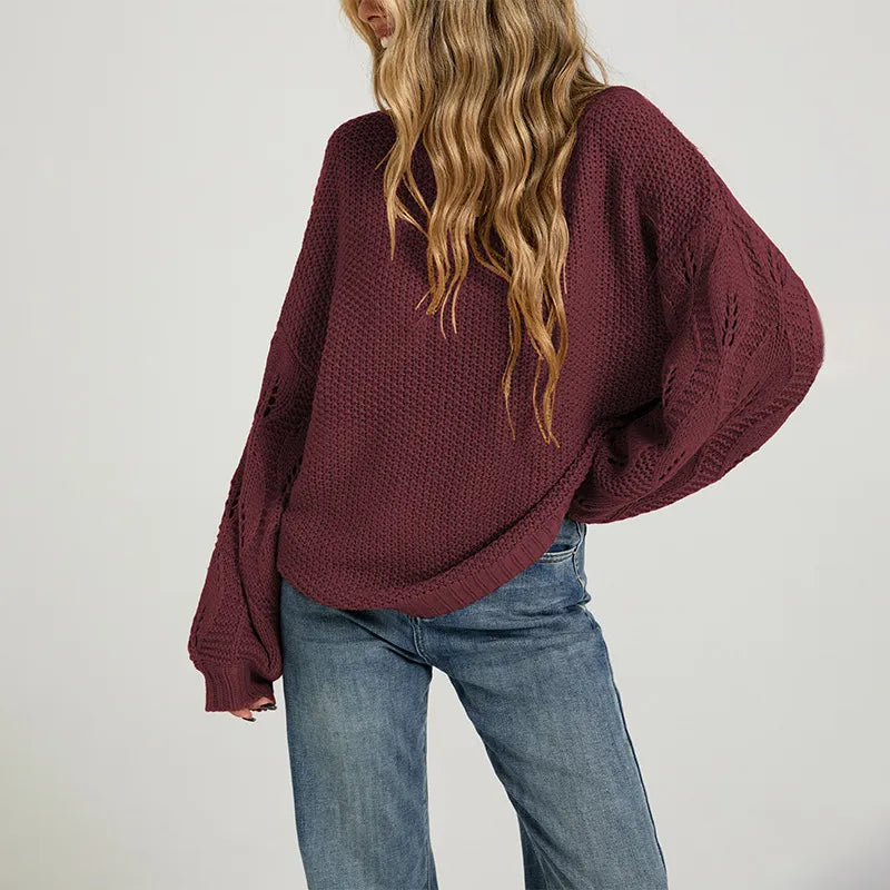 Textured Waffle Knit Oversized Crewneck Sweater Hollow Cable Sleeve Fall Jumper