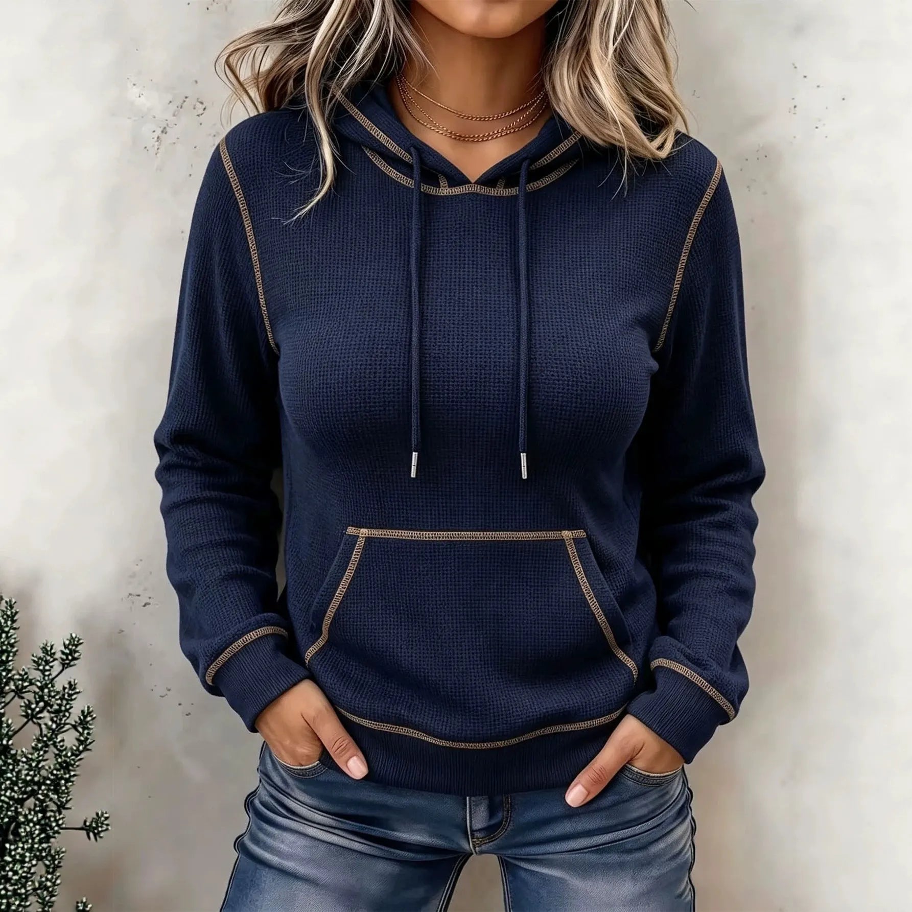 Casual White Waffle Knit Hoodie for Contrast Stitching Long Sleeve Pullover