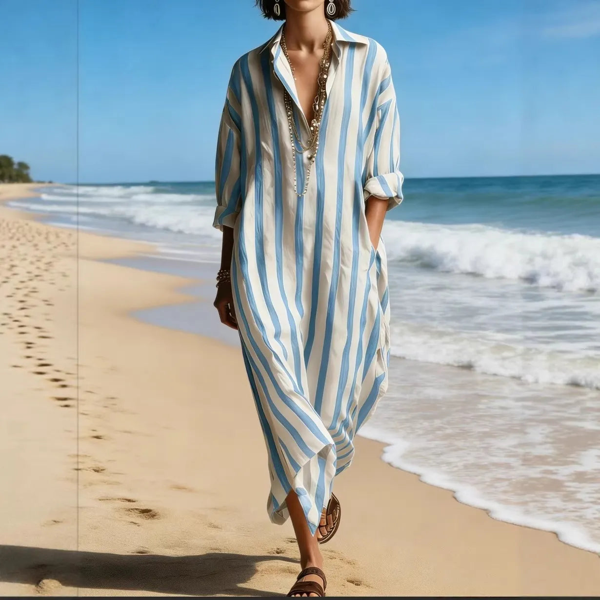 Striped Oversized Lapel Shirt Maxi Dress