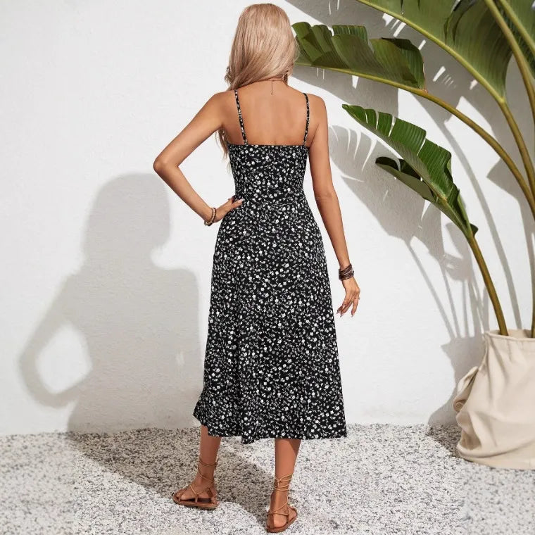 Tie Front Floral Print Spaghetti Strap High Waist Slit Midi Dress