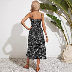 Tie Front Floral Print Spaghetti Strap High Waist Slit Midi Dress