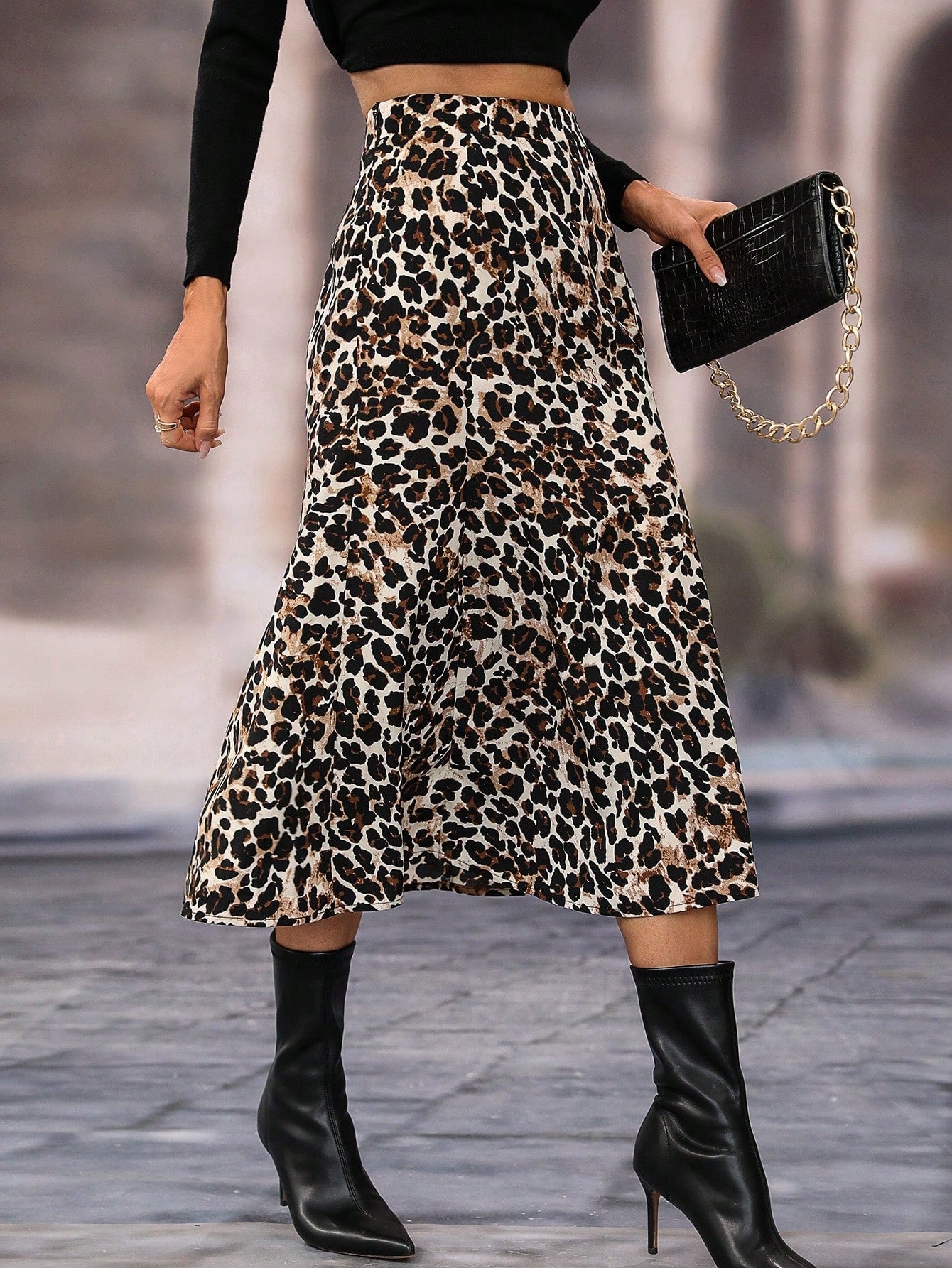 High Waist Leopard Print A-Line Midi Skirt