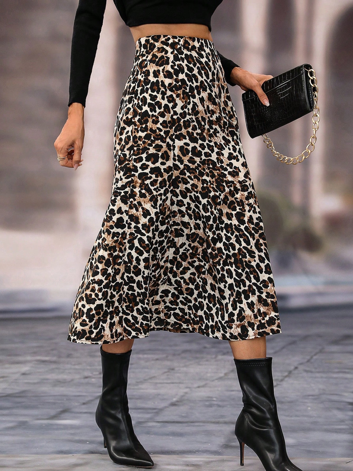 High Waist Leopard Print A-Line Midi Skirt