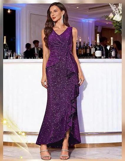 Sleeveless V Neck Sequin Maxi Dress, Ruched Ruffle Split Hem Formal Evening Gown