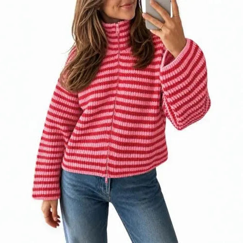 Striped Half Zip Turtleneck Knit Sweater Long Sleeve Cropped Ribbed Pullover