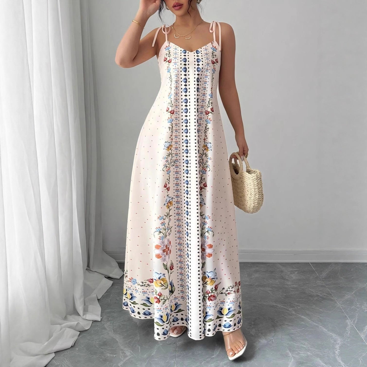 White Floral Print Tie Shoulder Maxi Dress