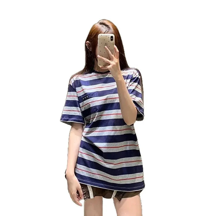 Round Neck Multi-Color Stripe Loose Short Sleeve Cotton T-Shirt