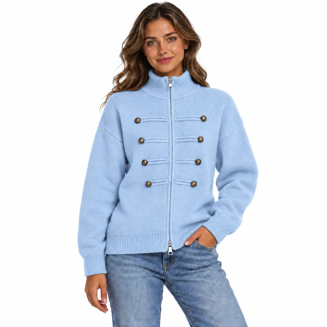 Stand Collar Zip Up Knit Cardigan, Double Breasted Decorative Button Sweater Jacket