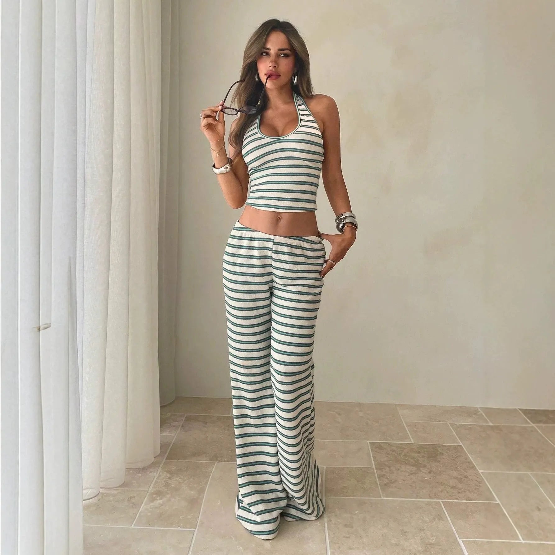 Striped Halter Top & Flared Pants Set