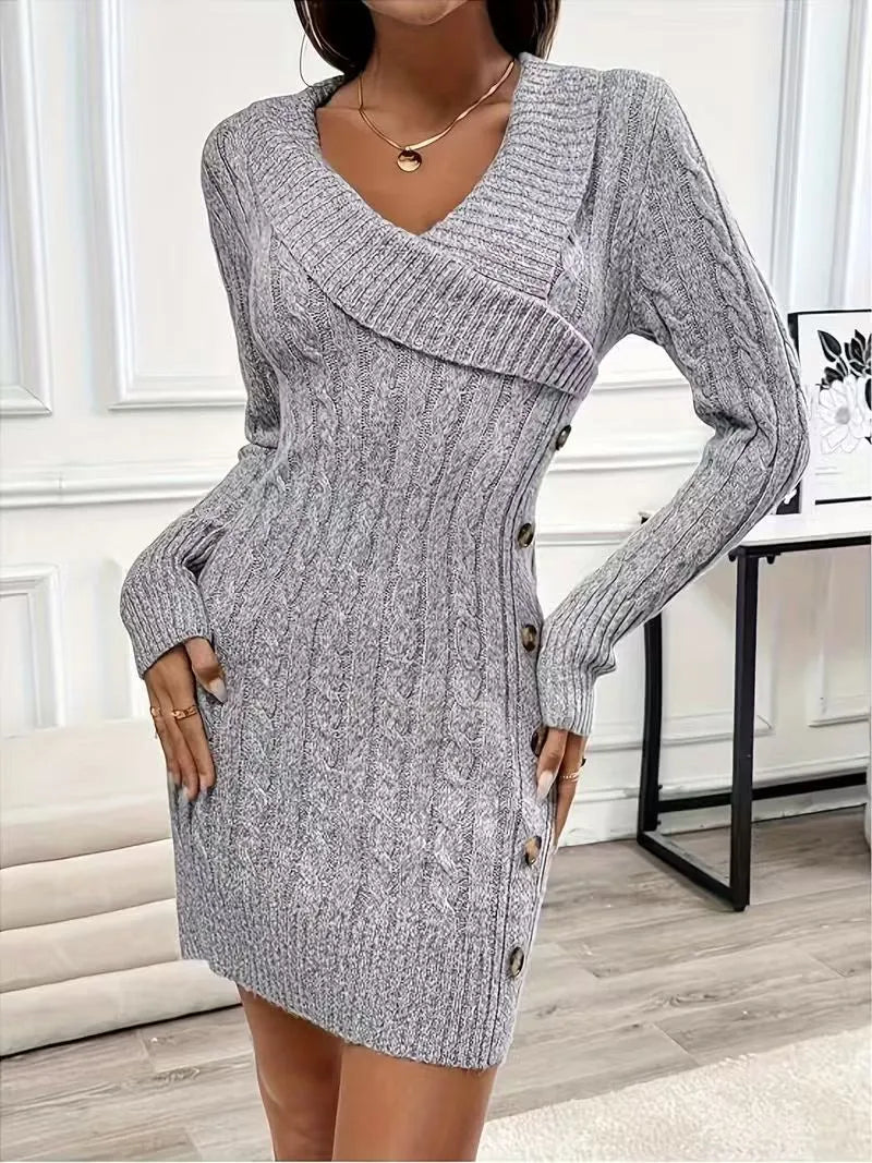 Wrap V Neck Cable Knit Sweater Dress