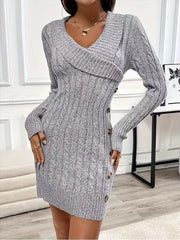 Wrap V Neck Cable Knit Sweater Dress