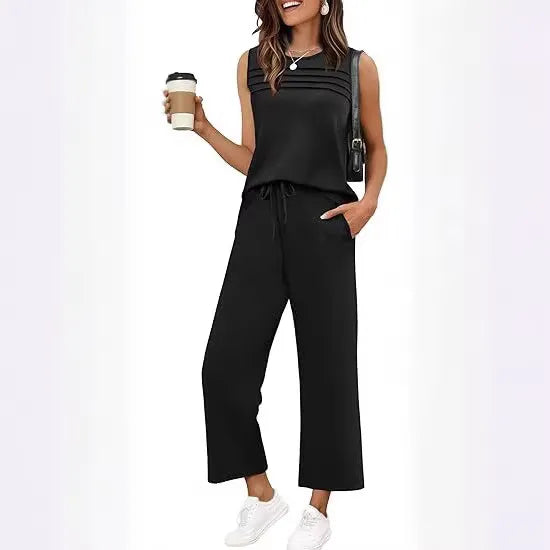 Solid Sleeveless Striped Detail Tank Top & Drawstring Cropped Pants