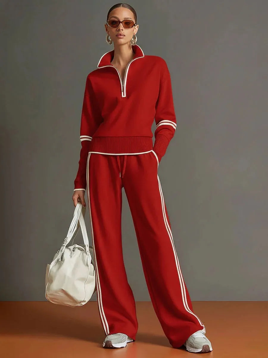Half-Zip Track Suit, Casual 2-Piece Sweatshirt & Wide Leg Pants Outfit