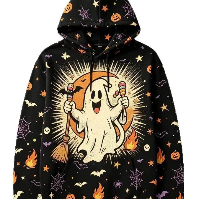 Halloween Black Cat Pumpkin Bat Moon Graphic Hoodie
