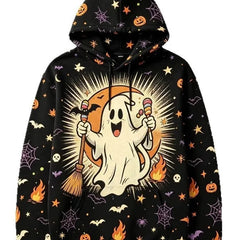 Halloween Black Cat Pumpkin Bat Moon Graphic Hoodie