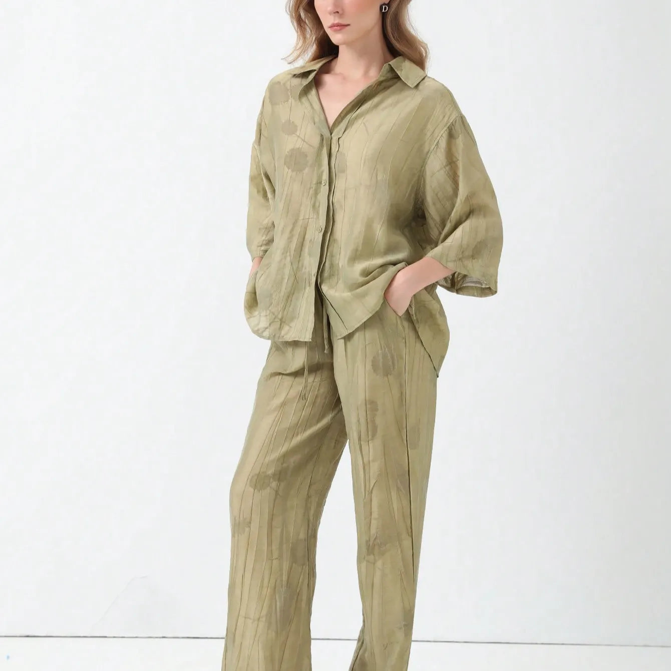 Printed Lapel 3/4 Sleeve Shirt & Wide Leg Long Pants Two Piece Casual Set