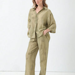 Printed Lapel 3/4 Sleeve Shirt & Wide Leg Long Pants Two Piece Casual Set