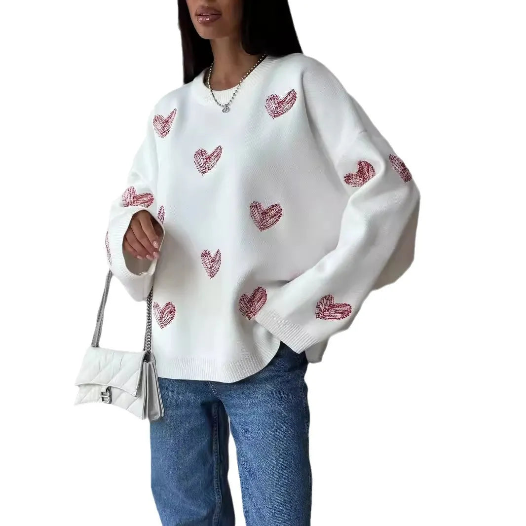 Cozy Heart Embroidered Oversized Sweater, White Round Neck Long Sleeve Casual Autumn Top