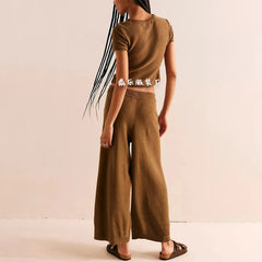 Beige Short-Sleeve Knit Top & Wide-Leg Pants Set