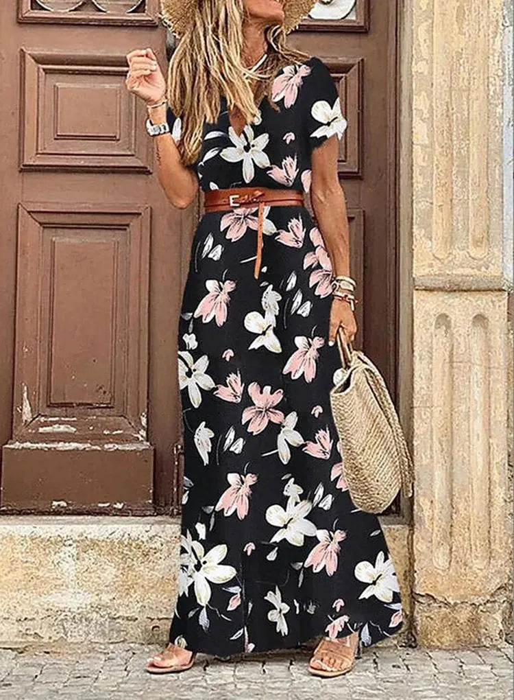 Wrap V Neck Short Sleeve Floral Print Maxi Dress