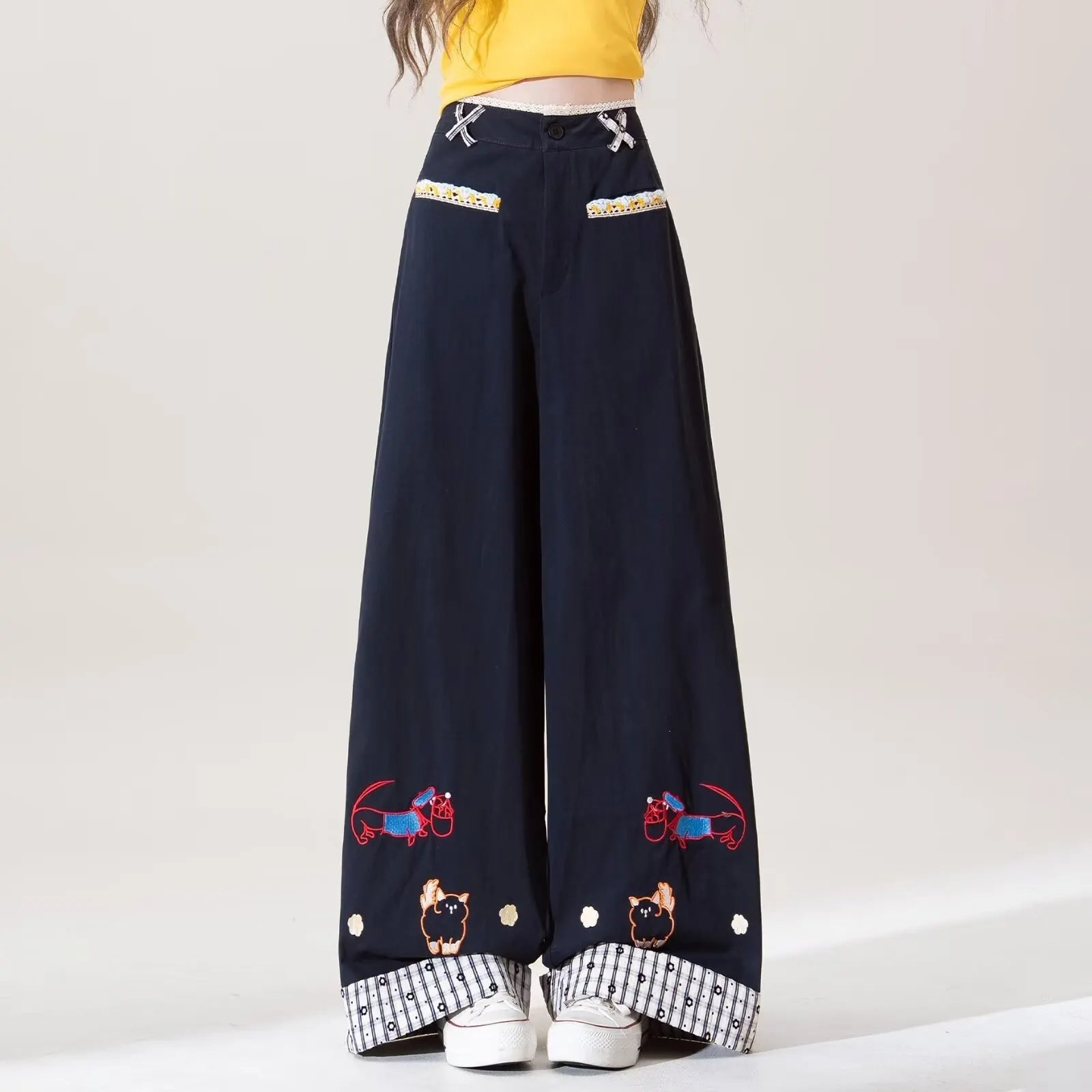 Printed Flare Work Pants | High Waist Cartoon Embroidery Washed Cotton Wide Flare Casual Trousers